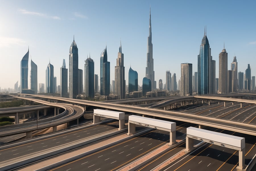Dubai skyline with modern highways and toll gates